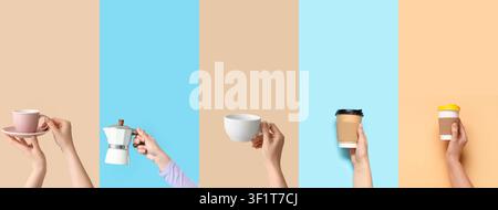 Mains tenant diverses tasses de café et de thé, une cafetière moka et des boissons jetables à emporter sur un fond coloré Banque D'Images