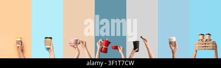 Mains tenant diverses tasses de café, une cafetière moka et des boîtes à pizza sur un fond coloré, service de livraison et à emporter Banque D'Images