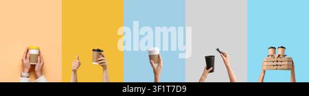 Mains tenant diverses tasses de café à emporter et boîtes à pizza sur un fond coloré, service de livraison de nourriture et de boissons, l'image montre différents types de d Banque D'Images