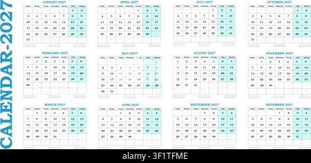 Modèle de calendrier imprimable paysage 2027, année entière du mois de janvier à décembre, planificateur mensuel emploi du temps mural de bureau fichier PDF prêt à imprimer eps Illustration de Vecteur