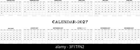 Modèle de calendrier paysage imprimable 2027, Année complète janvier à décembre, Début du dimanche, Planificateur mensuel, Emploi du temps mural de bureau PDF prêt à imprimer Illustration de Vecteur