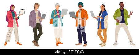 Ensemble de personnes diverses debout avec des ordinateurs portables Illustration de Vecteur