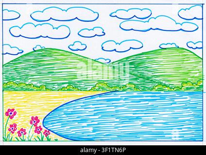 Dessin à la main d'un lac paisible et de collines ondulantes dans un style de crayon coloré reposant sous des nuages épars. Banque D'Images