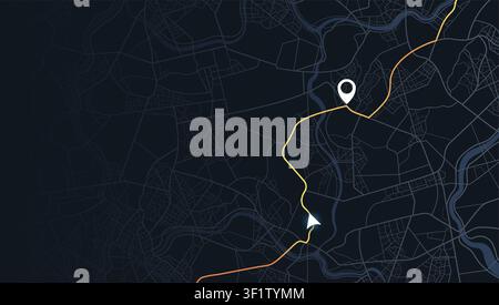 Interface de navigation nocturne minimaliste avec chemin de conduite orange. Route sur carte de ville du début à la fin. Illustration vectorielle. Illustration de Vecteur