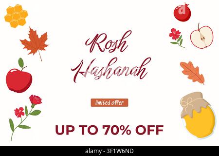 Design promotionnel pour Rosh Hashanah avec pommes, miel, grenades, fleurs et feuilles d'automne, promotion festive Illustration de Vecteur