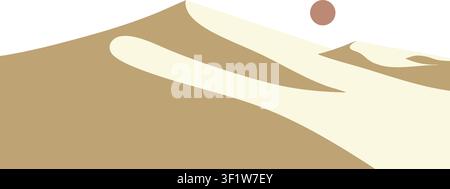 Illustration minimaliste de paysage montrant un petit soleil se levant au-dessus de dunes douces et ondulées dans des tons neutres chauds Illustration de Vecteur