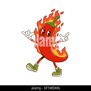 Flammes de feu de poivron groovy, personnage de dessin animé Illustration de Vecteur