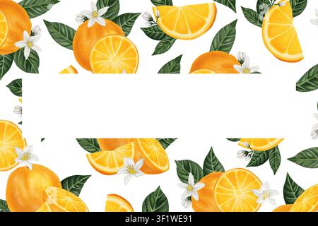 Motif sans joint de tranches orange vives et de fleurs avec des feuilles vertes dans un style aquarelle éclatant offrant une visuelle fraîche à thème agrumes sur un fond blanc Banque D'Images