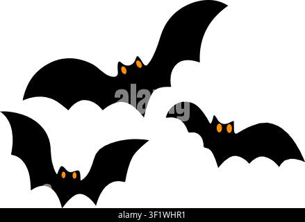 Morceaux de chauves-souris noires mignonnes aux yeux orange brillants volant ensemble isolés sur fond blanc, art vectoriel effrayant d'Halloween Illustration de Vecteur