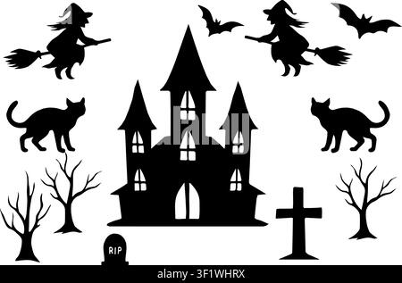 Ensemble de silhouettes effrayantes pour Halloween comprenant un château hanté, des sorcières volantes, des chats noirs et des tombes de cimetière sur fond blanc Illustration de Vecteur