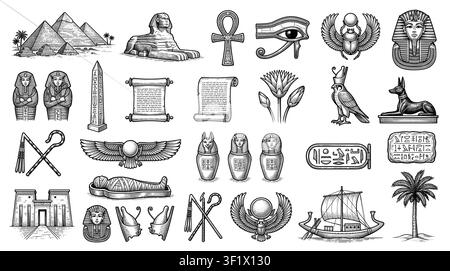 Ensemble d'icônes en art linéaire noir et blanc sur la mythologie et la culture de l'Égypte antique avec symboles et monuments Illustration de Vecteur