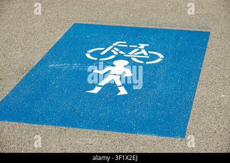 Marquage routier bleu indiquant une voie partagée pour piétons et vélos sur l'asphalte Banque D'Images