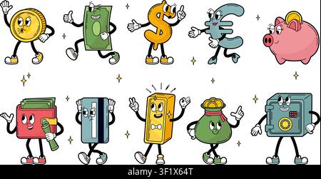 Personnages de pièces de monnaie. Personnage financier groovy, différentes poses et expressions. Pièce d'or, billet, lingot d'or, carte de crédit et tirelire Illustration de Vecteur