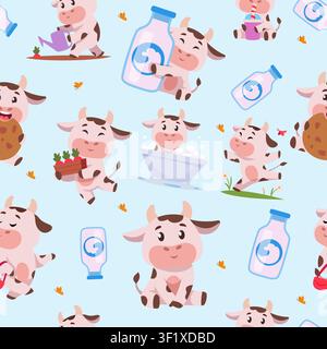 Motif de vache. Motif vectoriel sans couture avec des vaches mignonnes, des bouteilles de lait, des biscuits aux fruits et des éléments de ferme sur un fond clair Illustration de Vecteur