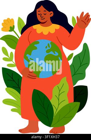 Femme cartoon Mère Nature tenant un globe planétaire entouré de feuilles vertes. Illustration mignonne de concept éco-responsable pour l'écologie et l'environnement Illustration de Vecteur