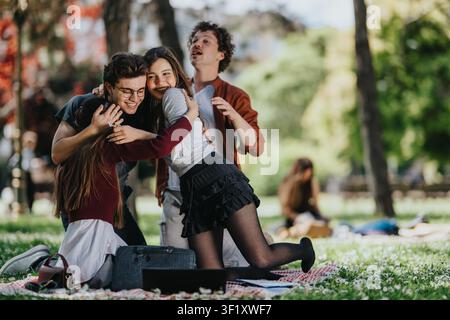 Groupe d'amis jeunes s'embrassant et riant lors d'un pique-nique dans un parc ensoleillé Banque D'Images