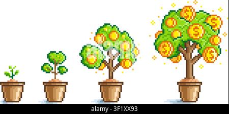 Icônes pixel art d'arbre à billets. Buisson en croissance avec des pièces d'or, développement du plant au grand arbre. Investissement, épargne, dépôt, concept vectoriel soigné Illustration de Vecteur