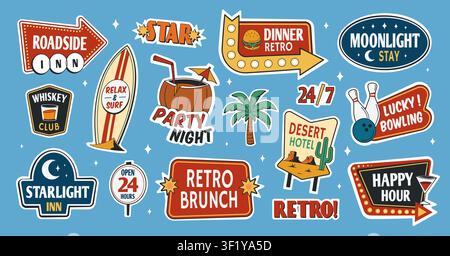 Autocollants rétro pour motel. Autocollant de panneau vintage, style de panneaux vintage des années 50 pour diner, bar, route désertique, panneaux publicitaires, fête sur la plage, surf, voyage, dessin animé des années 80, illustration vectorielle qualitative, œuvre d'art originale Illustration de Vecteur