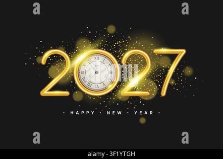 Bannière "Bonne année 2027" avec chiffres réalistes de feux d'artifice et paillettes tombantes. Illustration vectorielle. Illustration de Vecteur