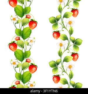 Fraise avec fleurs, baies sauvages, feuilles. Bordure décorative sans couture sur fond blanc. Banque D'Images