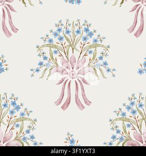 Motif folklorique floral sans joint en aquarell avec des fleurs bleues et un ornement rose Banque D'Images