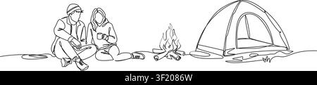 dessin en une ligne continue d'un jeune couple assis près d'un feu de camp près d'une tente. Concept d'aventure romantique en camping en plein air, illustration vectorielle en art linéaire Illustration de Vecteur