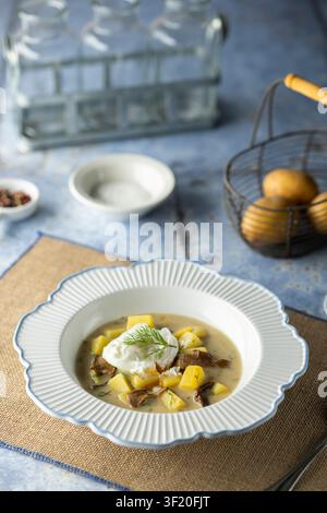 Soupe crémeuse aux pommes de terre avec des champignons entiers et de l'aneth frais, garnie d'un œuf poché Banque D'Images