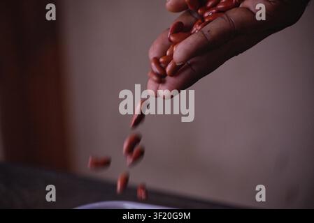 Image en gros plan au ralenti de haricots rouges s'écoulant d'une main. Idéal pour les thèmes liés à l'alimentation saine, aux légumineuses, à la nutrition, à la préparation des aliments, à l'agriculture Banque D'Images