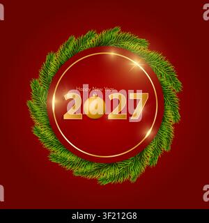 Concept de carte de vœux rouge pour le Nouvel An 2027 avec des branches de sapin de Noël. Décor de Noël et du Nouvel An chinois. Carte du Nouvel An ou concept de vente. Illu vectorielle Illustration de Vecteur