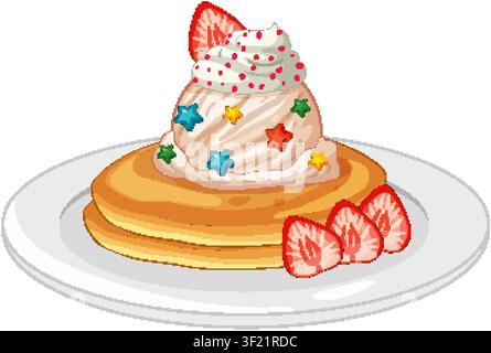 Illustration vectorielle de crêpes moelleux garnis de crème, de paillettes en forme d'étoile et de fraises tranchées sur une assiette Illustration de Vecteur