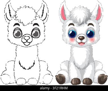 Personnage de bébé lama en cartoon présenté en couleur et en trait noir et blanc. Illustration de Vecteur