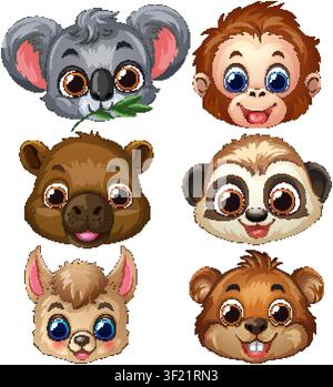 Collection de six têtes d'animaux adorables comprenant un koala, un singe et un suricate en style vecteur plat. Illustration de Vecteur