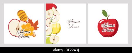 Trois panneaux sur le thème des pommes Shana Tova avec des rayures de miel, des pommes tranchées et une pomme entière, designs festifs Illustration de Vecteur