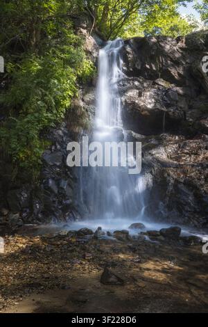 L'eau coule gracieusement sur les rochers à Llivia, Cerdanya, en Catalogne, entourée d'une nature vibrante. Banque D'Images