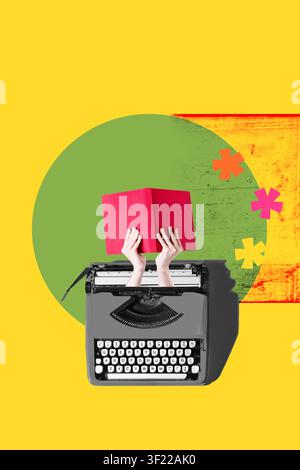 Collage de mains de femme tenant un livre sur une machine à écrire sur un cercle vert sur un fond jaune avec des astérisques colorés Banque D'Images