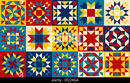 Dispositif de bloc patchwork matelassé, collection de carreaux méditerranéens, motif vectoriel sans couture, design d'étoiles de grange Illustration de Vecteur