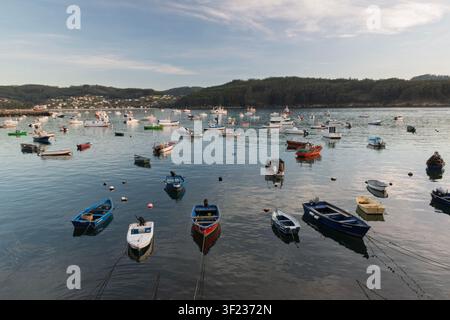 Des dizaines de petits bateaux de pêche sont amarrés dans le port de Cedeira, province de La Corogne, Galice, Espagne Banque D'Images
