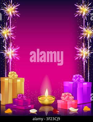 Bannière verticale festive de Diwali mettant en vedette un diya lumineux et des boîtes-cadeaux colorées, des feux d'artifice étincelants et des pétales de fleurs avec espace de copie. Illustration de Vecteur