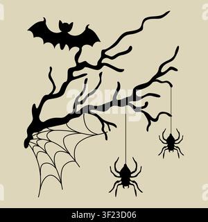 Composition dessinée à la main pour Halloween avec silhouette noire effrayante, chauve-souris, toile d'araignée, branche d'arbre mort et araignées pour une décoration saisonnière Illustration de Vecteur