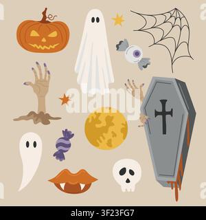Illustrations d'Halloween dessinées à la main, visage de citrouille Jack-o'-lantern, toile d'araignée, lune, crâne, fantôme, lèvres de vampire, cercueil, main de zombie Illustration de Vecteur