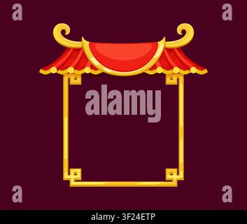 Cadre ou bordure de toit et de porte asiatique oriental. Cadre vectoriel d'architecture japonaise, fond de bâtiment chinois. Bannière de pagode orientale ou bordure dorée brillante de temple asiatique avec tuiles de toit rouges Illustration de Vecteur
