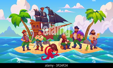 Personnages de pirates et corsaires en carton sur une île tropicale. Des membres d'équipage masculins se détendent sur une plage ensoleillée avec un sloop à voile noire ancré au large, un coffre au trésor, un palmier et une pieuvre espiègle dans l'eau Illustration de Vecteur