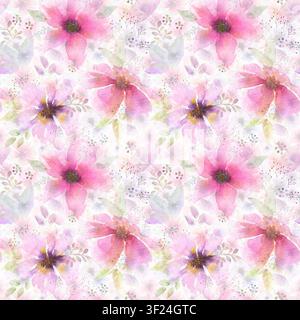 Motif sans couture délicat en aquarelle présentant des fleurs sauvages roses, un feuillage botanique doux et des éléments floraux aériens. Design romantique élégant pour tissu Banque D'Images
