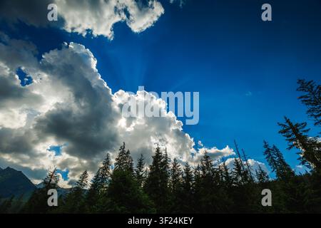Ciel bleu dramatique avec des rayons de soleil traversant des nuages blancs et duveteux Banque D'Images