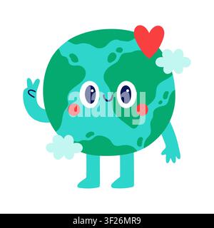 Personnage de dessin animé mignon de la Terre avec un signe de paix et un cœur rouge. Illustration vectorielle d'un mascotte amicale du globe pour la Journée de la Terre, l'écologie et Illustration de Vecteur