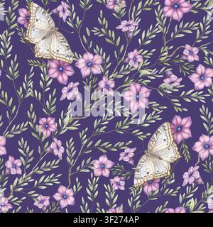 Papillon blanc avec des fleurs motif sans couture sur fond violet. Aquarelle dessinée à la main Anartia amathea avec pétunia dans un design botanique romantique pour tissu ou papier peint. Ornement répété tropical. Banque D'Images