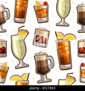 Motif sans joint vectoriel pour cocktail, fond décoratif carré avec une série d'illustrations de cocktails alcoolisés en vol pour le menu d'un nightclub, mise en page luxueuse plate Illustration de Vecteur
