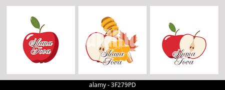 Trois panneaux de vœux sur le thème des pommes Shana Tova avec des pommes entières, des pommes tranchées, de la glycérie et un loucheur à miel Illustration de Vecteur
