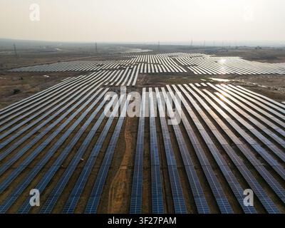 Vue aérienne à l'heure dorée d'une grande ferme solaire avec panneaux photovoltaïques Banque D'Images