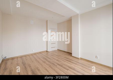 Une pièce vide présente des murs clairs, un plancher en bois et une porte avec des inserts en verre. L'espace est lumineux et minimaliste Banque D'Images